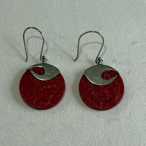 Vintage FNA 925 Sterling Silver Red Stone Circle Disc Dangly Earrings